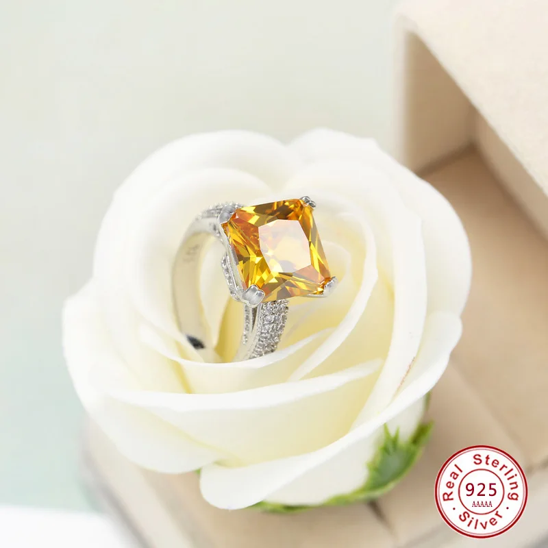 Luxury Princess Cut AAAAA Yellow big CZ solid 925 Sterling silver Ring with Micro Paved Clear Zircon Women Engagement Rings