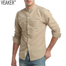 Новинка осени, мужские рубашки из хлопка и льна, повседневные рубашки с китайским воротником-стойкой и длинным рукавом, мужские облегающие одноцветные Рубашки, Топы