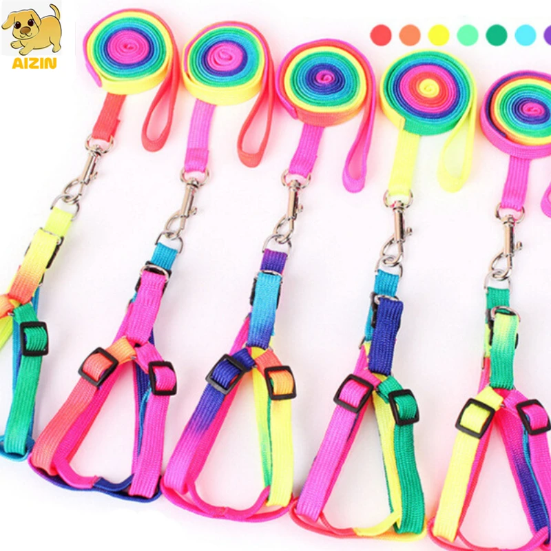 

2019 Pets Use Dog Harness Leads Sets Cute Rainbow Colorful Style Nylon Leads Sets For Small Cats Puppy Chihuahua Pets Supplier