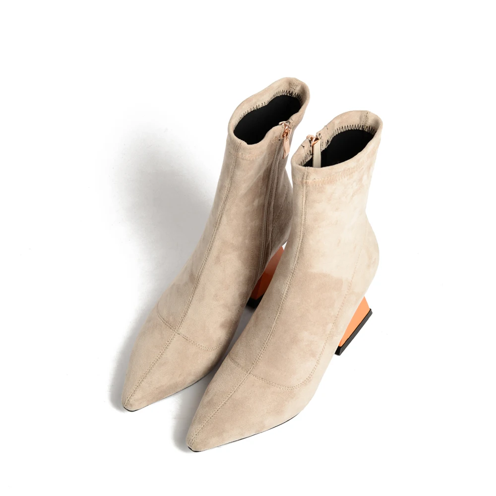 Уникальные эластичные ботильоны с треугольным каблуком; модная женская обувь с острым носком; женская обувь высокого качества; Цвет абрикосовый, черный; MMS04 muyisxi