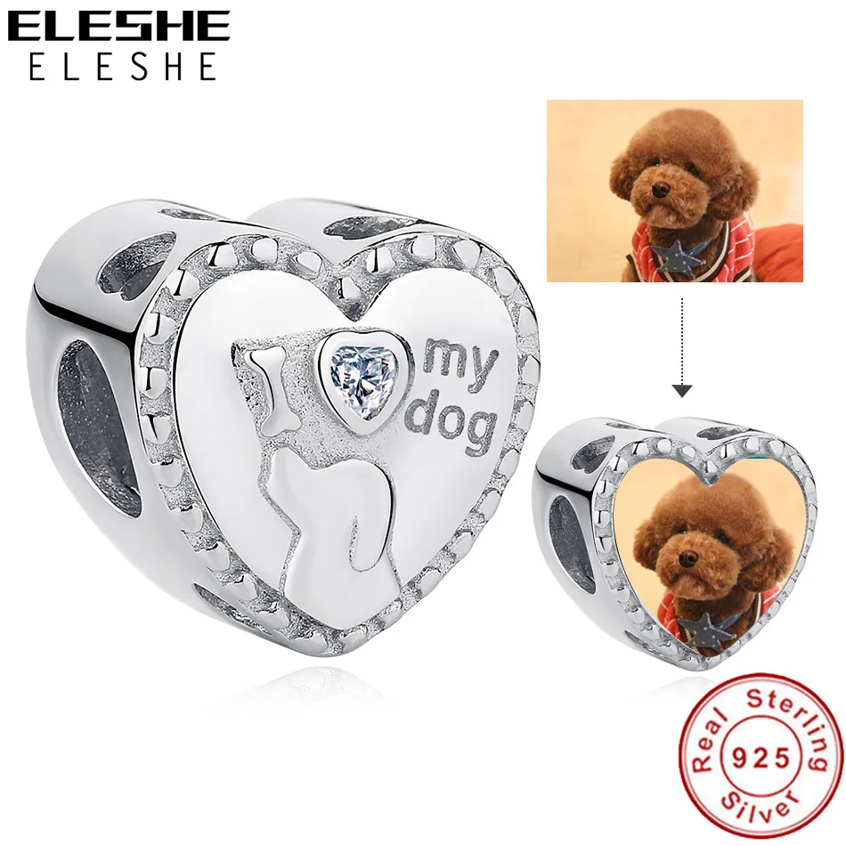 

Personalized Custom Photo I love my dog Crystal Heart Beads 925 Sterling Silver Charm Fit Original Pandora Bracelets DIY Jewelry