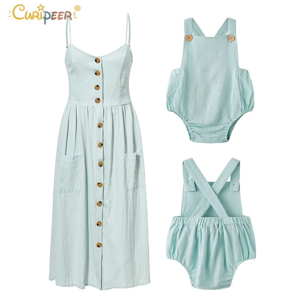 

Mommy and Me Clothes Elegant Button Women Dress Pocket Polka Dots Blue Cotton Midi Dress and Baby Girl Romper Cotton&linen