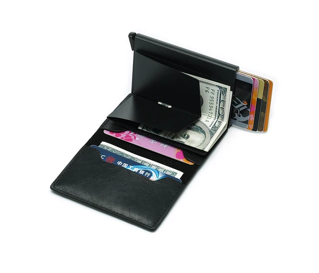 DIENQI Anti Rfid Protection Men Women Credit Card Holder Leather Vintage Slim Mini Wallet Metal Aluminum Business id Card Case -