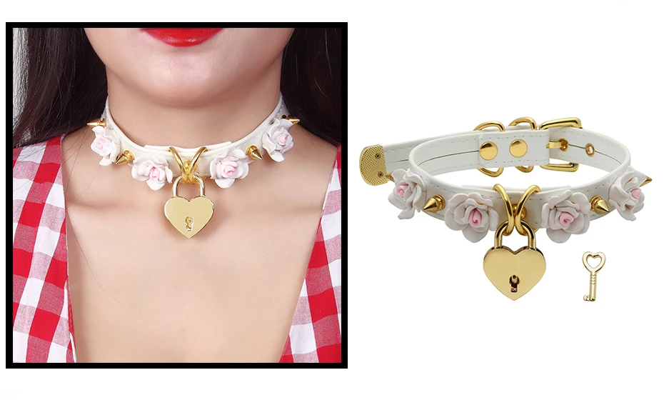Панк готическое ожерелье из искусственной кожи с пряжкой, колье с шипами, ручная работа, кавайное ожерелье с розовыми цветами, серебряное ожерелье с замком в виде сердца с ключом, 8 цветов