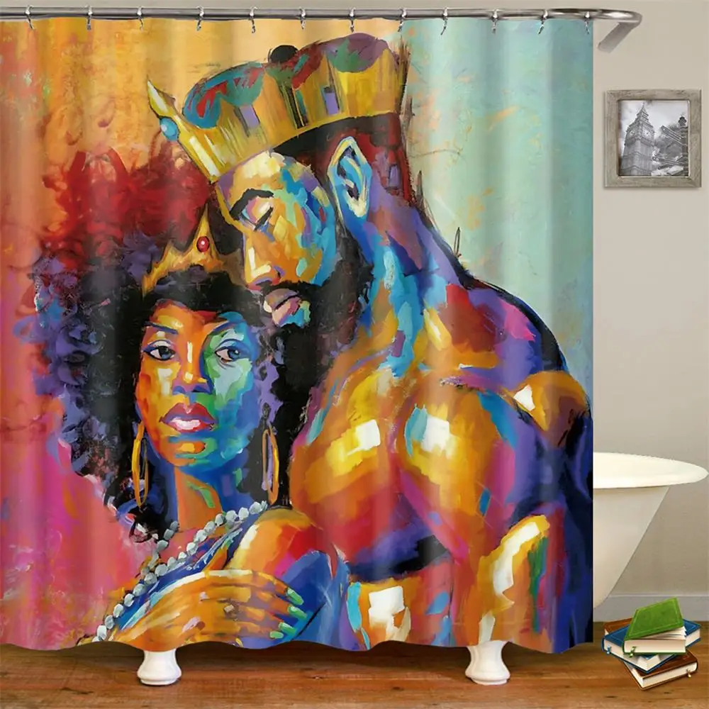 

King African American Lovers Couple Shower Curtains Painting Art Bath Curtain Liner Waterproof Polyester Bathroom With Hooks