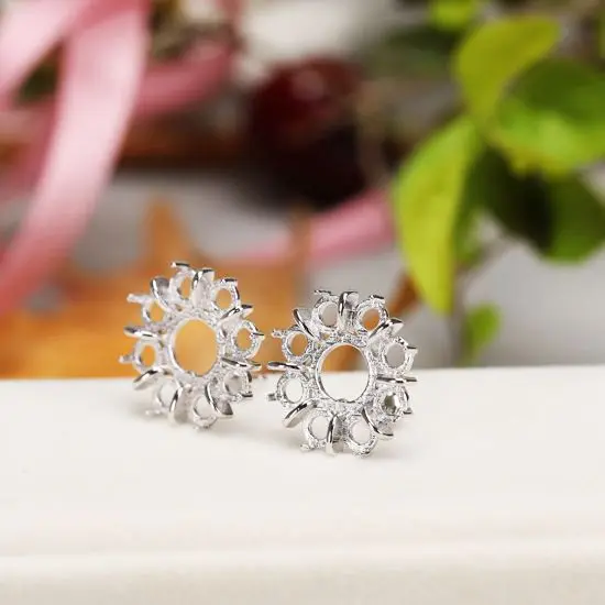 

Sterling Silver 925 White Gold Color Stud Earrings for Women Round Cabochon 8x8 &3.5x3.5mm Fine Jewelry For Amber Apal Agate