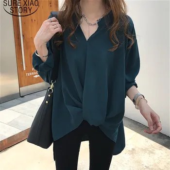 

womens tops and blouses blusas mujer de moda 2019 plus size women Chiffon shirt Solid V-Neck Office Lady Full 1727 50