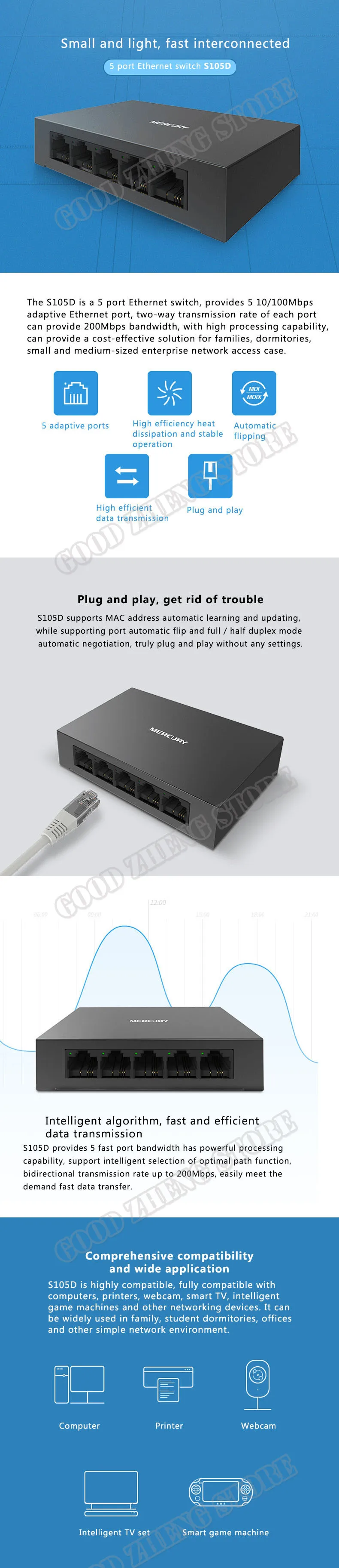 MERCURY S105D 5 Порты и разъёмы RJ45 10/100 Мбит/с Металл сетевой коммутатор настольный коммутатор
