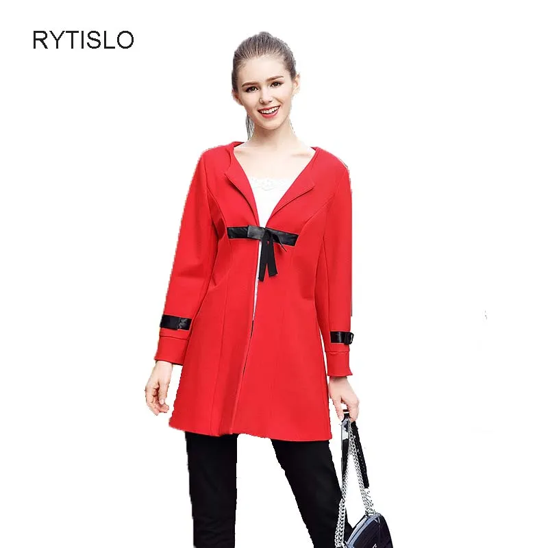 Image Lovely Bowtie Women Wool Winter Coat Fashion Long Sleeve Round Collar Ladies Outwear Coat Red Color 5XL Size Parka Blend Coats