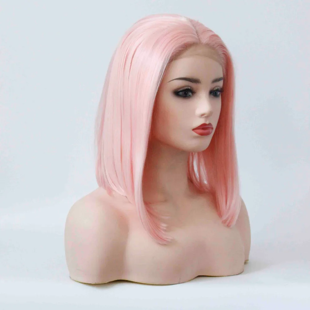 V'NICE прямой синтетический кружевной передний боб парик детский розовый цвет натуральный вид короткие волосы парик шнурка средний пробор термостойкий