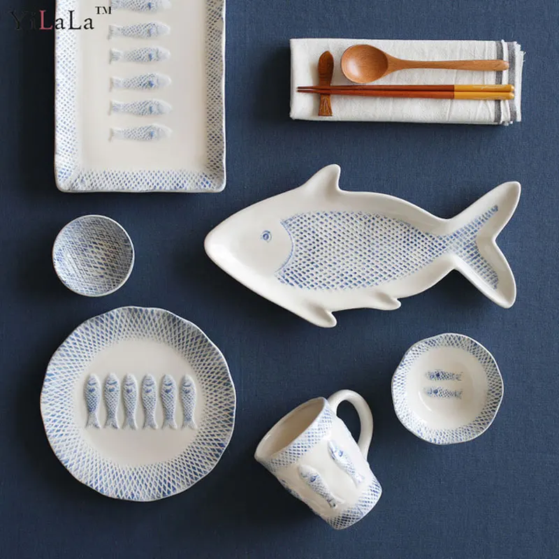 Yilala Ceramic Fish Plates Dishes for Dinner Fish Shaped Tableware