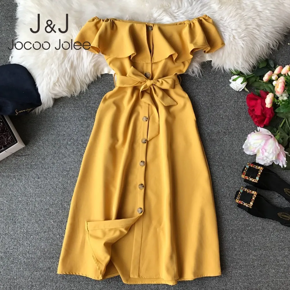 

Women Solid Elegant Ruffle Midi Dress 2019 Summer Vintage Off Shoulder Short Sleeve Single Breasted Long Robe Dress Korean Dress