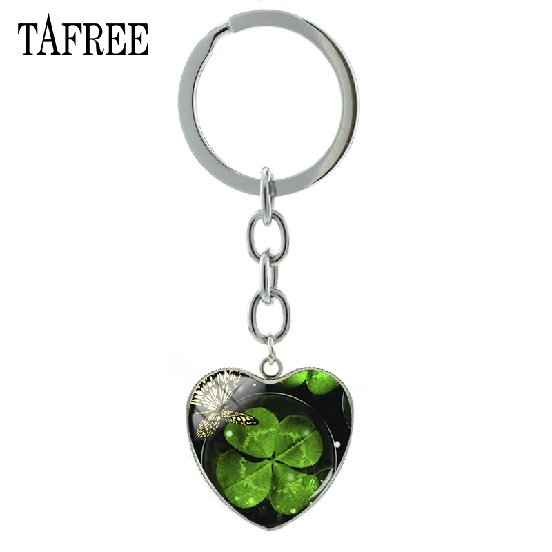 

TAFREE Lucky Clover Heart Shape Keyring Butterfly Keychain Four-leaf Clover Popular Cabochon High Quality Jewelry For Gift QF368