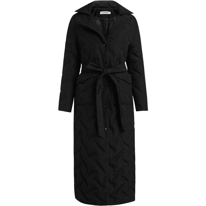 Women Winter Down Coats Thin Warm Down Jacket Female Embroidered X-Long Parka Single-breasted Turn-down Collar With Belt Pocket
