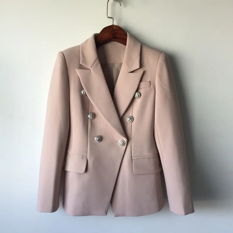 

high quality 2018 Designer Blazer Jacket Women's Silver Lion Buttons beige plus size Double Breasted Blazer