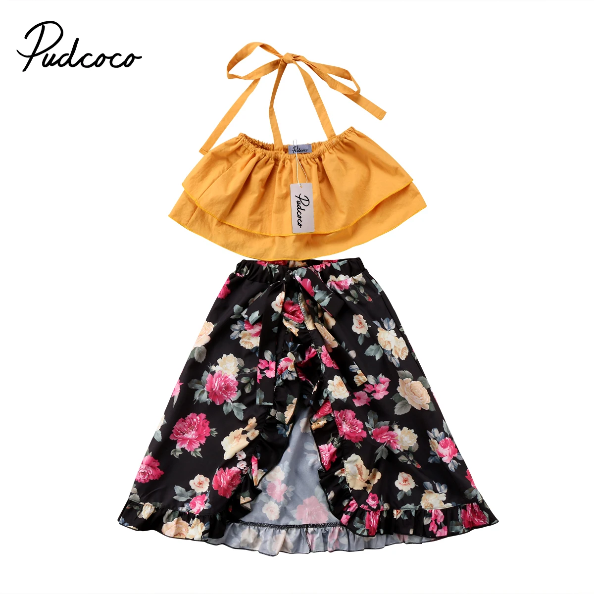 Pudcoco Adorable Toddler Baby Kids Girls Floral Clothing Sets Crop Tops + Flower Skirt 2Pcs Outfits Set ruffle trim crop floral wrap top