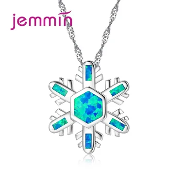 

Fine Ocean Blue Fire Opal Pendants Necklaces For Women Lovely Snowflake 925 Sterling Silver Statement Necklace Jewelry