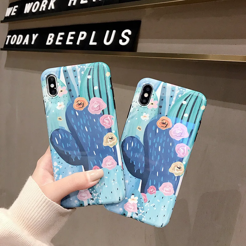 

Blue Ocean Fresh Cactus Pattern Anti-Fall Soft TPU Silicone Phone Case For iPhone 7 8 Plus Case Cover For iPhone 6 XS Max XR X