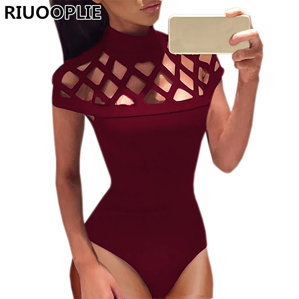

RIUOOPLIE Women Sexy Bodysuit Hollow Out Romper 1 Piece Short Sleeve Top Solid Jumpsuit