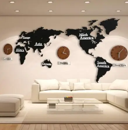 3D Карта мира большие настенные часы DIY Деревянные МДФ цифровые настенные часы деревянные часы Современный европейский стиль круглый немой relogio de parede - Цвет: Черный