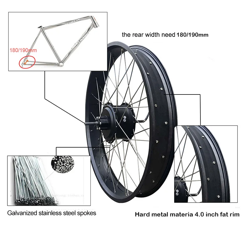 Электровелосипед 2" 4,0 Fat Tire, комплект для электровелосипеда, 48 В, 1000 Вт, моторное колесо, Электрический велосипед, набор для преобразования 26 задних колес