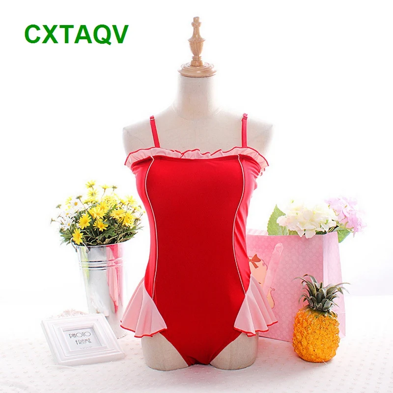 

Korean Version High Elastic Solid Black Red Swimdress Conservative Slim Elastic Swimwear Falbala One Pieces Swimsuit Wholesale