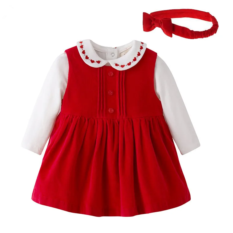 

Baby Girl Clothing Set Newborn Baby White Embroidery Bodysuit Red Corduroy Dress Bow Hairband Set Girls Birthday Clothing