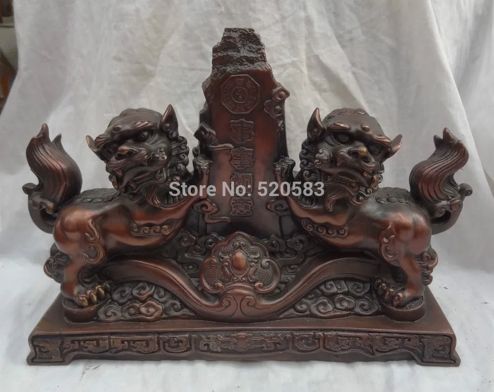 

16" Chinese Bronze FengShui Lion Set Foo Fu Dog On RuYi Statue Sculpture