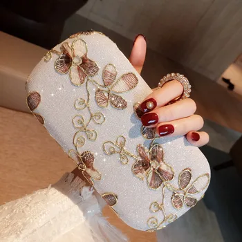 

Wedding Dress Bag Women Clutch Purses Flower Embroidery Knuckle Rings Evening Bag Party Bride Day Clutch Rhinestone Makeup Bag