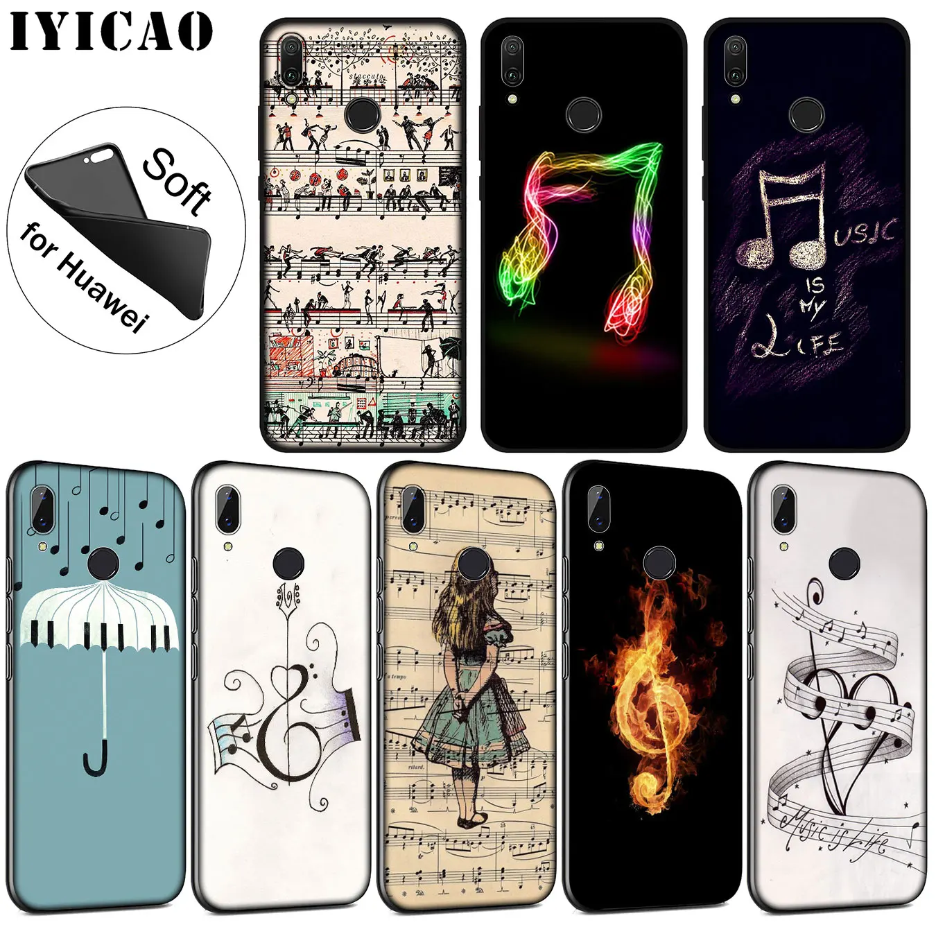 IYICAO Love Music Note Piano Umbrella Soft Silicone Case for Huawei P30 P20 Pro P10 P9 P8 Lite Mini 2017 2016 P smart Z 2019 |