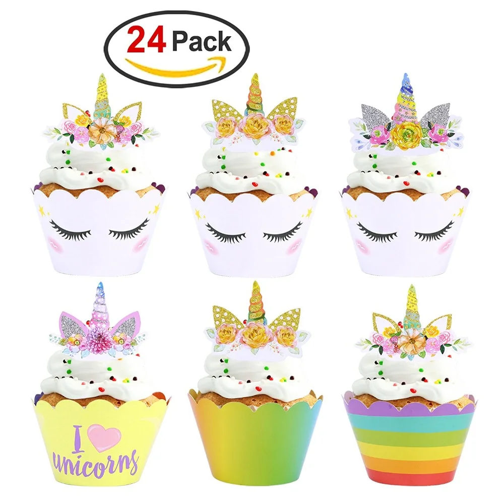 

48PCS Birthday Decoration Unicorn Party (24PCS Cupcake Wrappers +24PCS Cake Topper) for Baby Shower Birthday Party Cake Decor