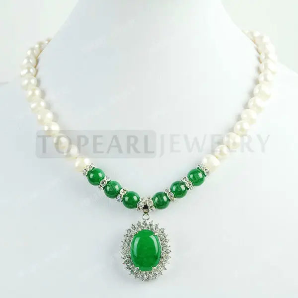 FN255 Topearl Jewelry Freshwater White Pearls, Malaysia Jade Pendant