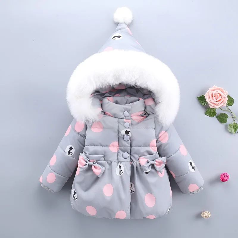 

Winter Baby Kids Girls Down Coat Clothes With Faux Fur Hooded Thicken Parkas Outerwear Warm Children Girl Cute Dot Down Coat