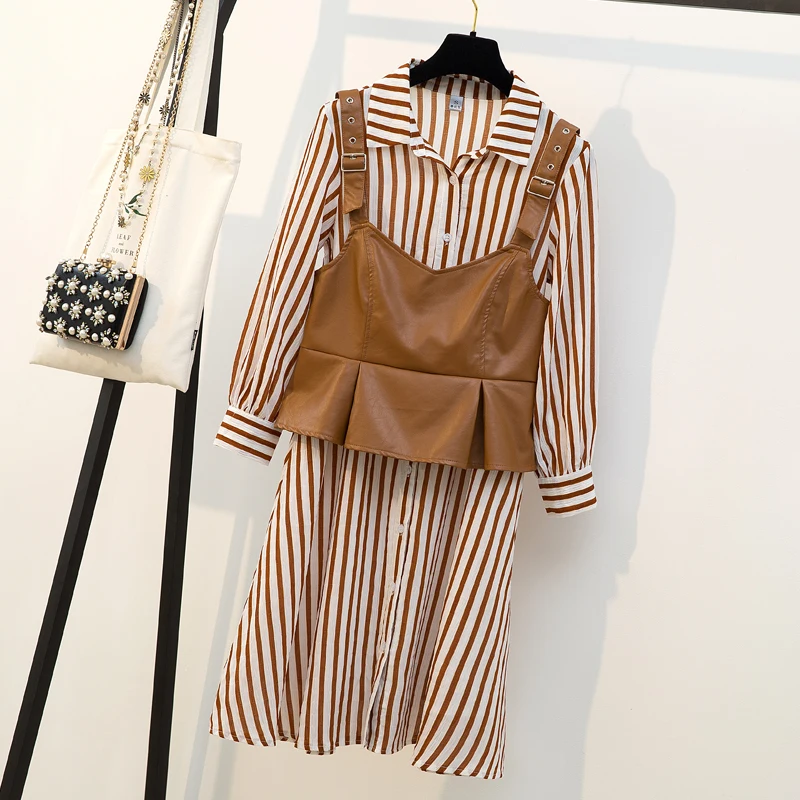 

L-4XL Plus Size Women Striped Dress Spring 2019 Long Sleeve Midi Long Shirt Dress and Pu Leather Vest Two Piece Set Ladies Dress