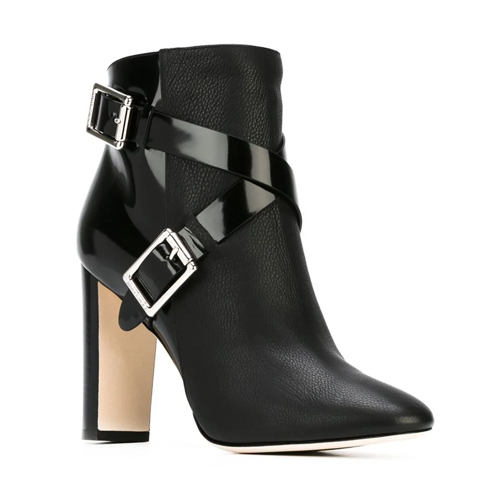 EMMA KING/модные черные ботинки с металлической пряжкой и перекрестной шнуровкой, женские ботильоны из лоскутной кожи с острым носком на не