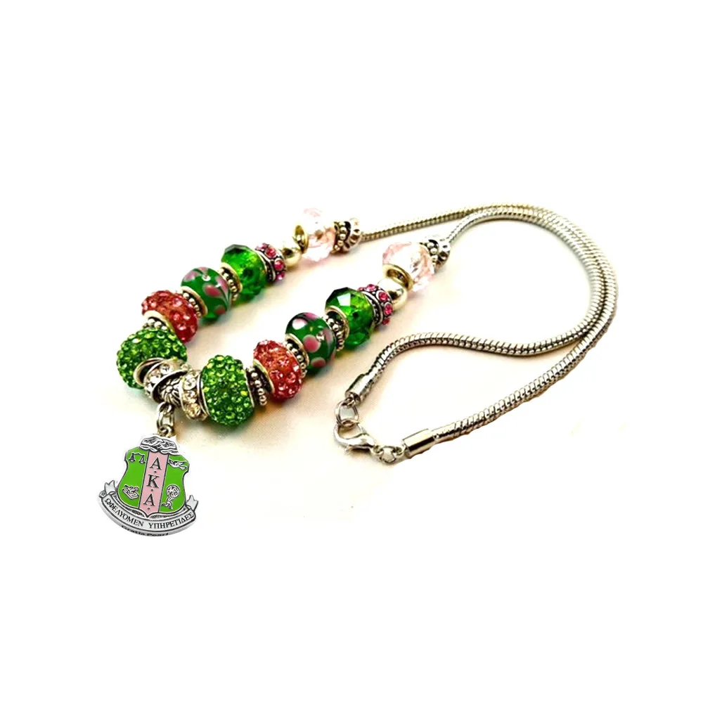 

Double Nose New Fashion Metal Crafts Enamel Pink Green AKA IVY Sorority Necklaces In Snake Chain With Big Hole Beads For Gifts
