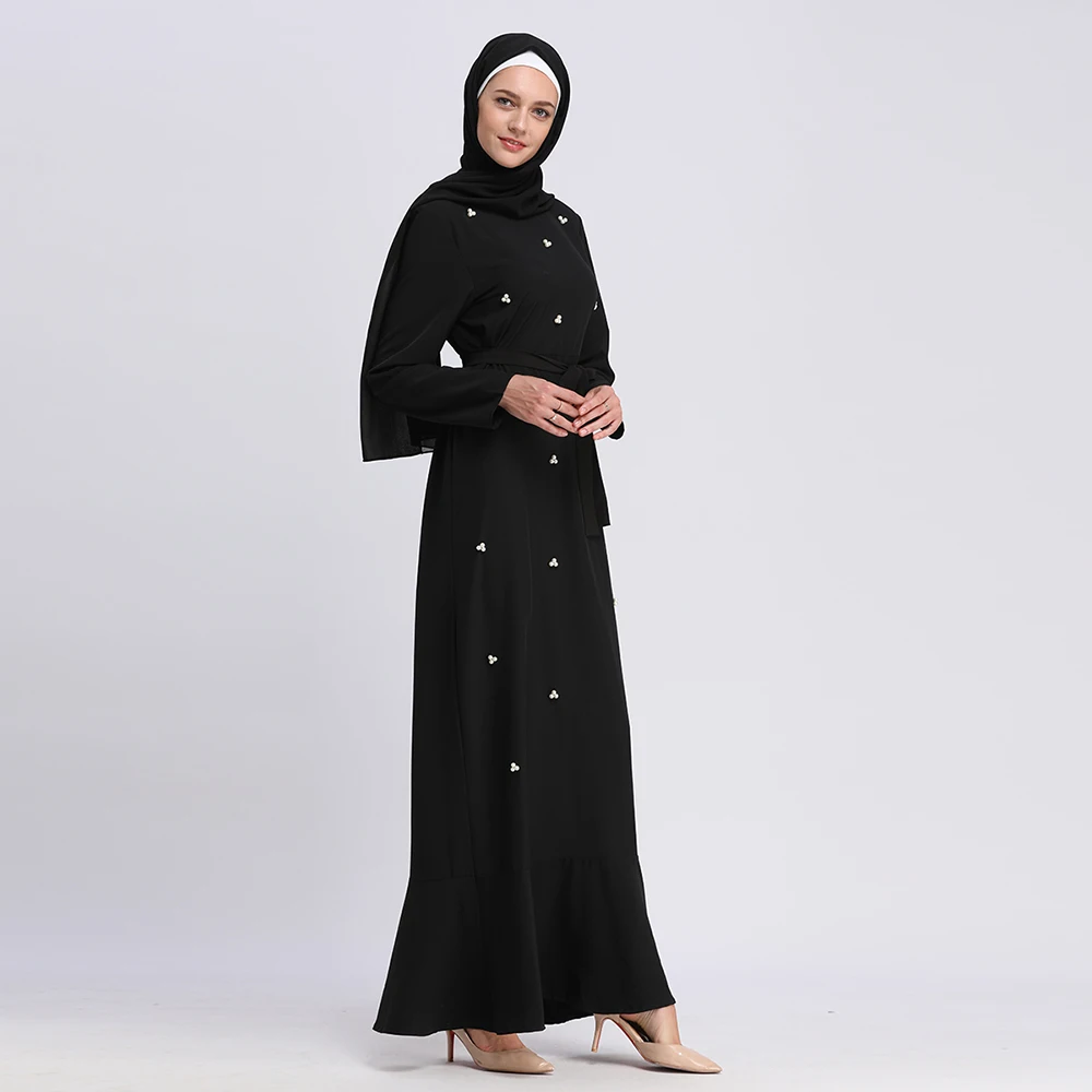 

Elegant Muslim Pearls Abaya Ruffles Maxi Dress Cardigan Long Robes Tunic Kimono Ramadan Islamic Prayer Clothing Worship Service
