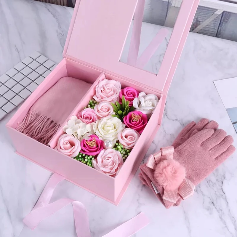 

Valentine's Day present Warm 2 Pieces Set Winter Scarf Gloves Soap Rose Gift Box For Women Girlfriend Christmas Birthday Gifts