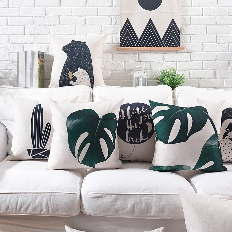 

New Simple Style Black White Cute Cactus Printed Cushion Cover Tropical Plant Bear Decorative Home Car Sofa Throw Pillow Case