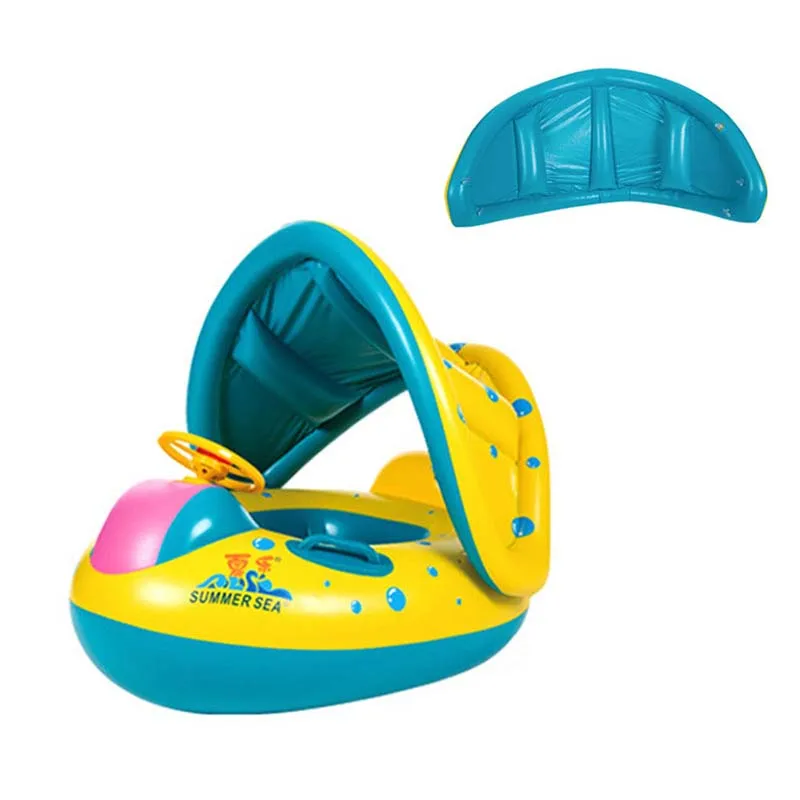 Soft Baby Swimming Ring Pool Float Boat Rider With Detachable Sun Canopy Shade Toy For Infant Toddler Kid
