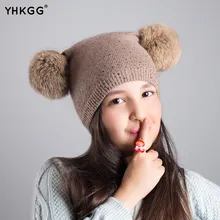 

2016 YHKGG brand new Dual Ball Knitted Caps Girls Toddler Crochet Beanie Hairball Ear Cute Children Caps beanies