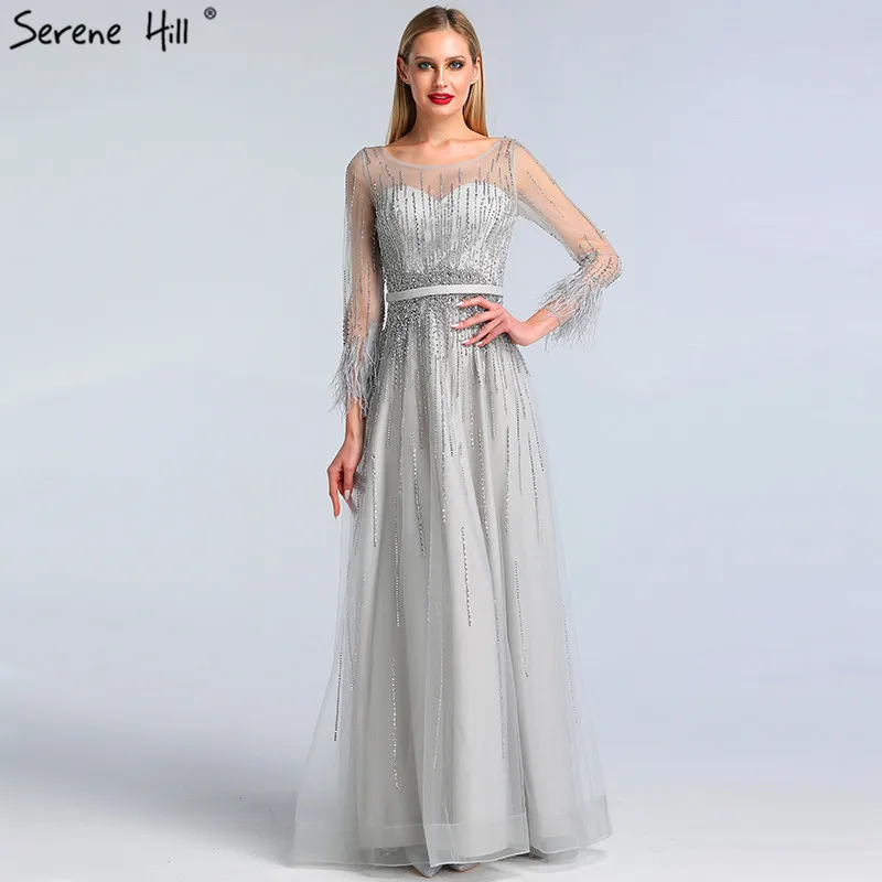 

Luxury Dubai Design Wine Red Evening Dresses Long Sleeves Feathers Beading Crystal Evening Gowns 2019 Serene Hill LA60957