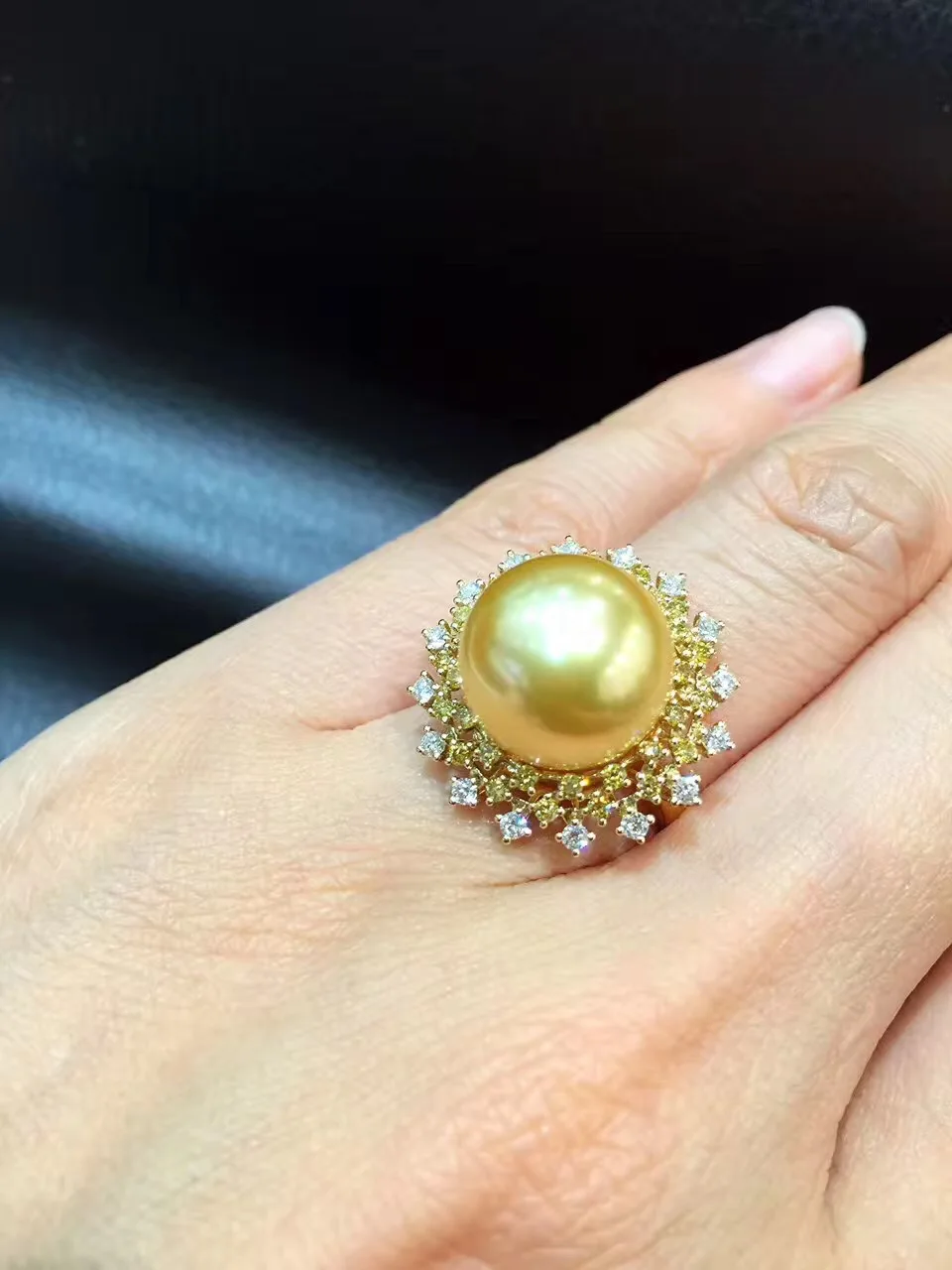 

12-13MM natural gold pearl ring southsea pearl ring big pearl 18K gold with diamond fine women jewelry free shipping