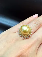 12-13MM natural gold pearl ring southsea pearl ring big pearl 18K gold with diamond fine women jewelry free shipping