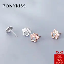 PONYKISS Романтический S925 Стерлингового Серебра Полые циркон кошачий коготь серьги Для женщин фестиваль вечерние Fine Jewelry милый подарок на день