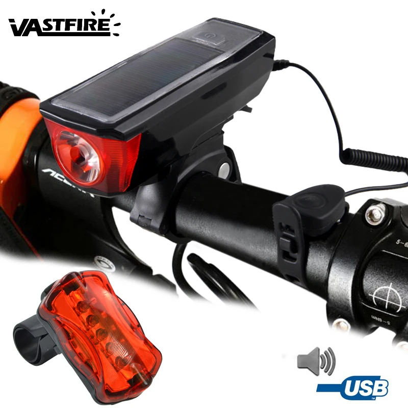 

USB Solar Panel Rechargeable Bike Light 5 Modes 120db Bicycle Bell Horn Front Headlight with Safety Back Taillight