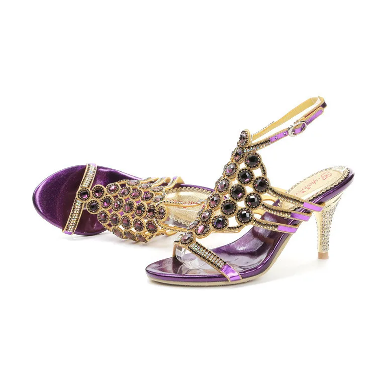 Summer New 2016 T-belt Buckle Diamond Crystal Purple Wedding Shoes For Bride High Heel Stilettos Sandals High Quality-7