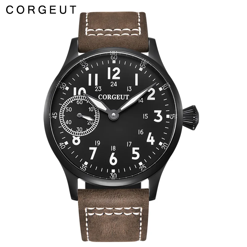 Corgeut модные кожаные Топ светящиеся механические часы с ручным заводом 17 Jewels ST3600 Чайка 6497 спортивные наручные мужские часы