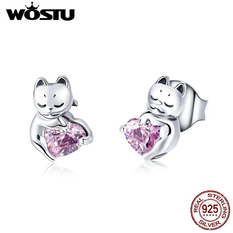 Женские серьги пусеты WOSTU из серебра 925 пробы с розовым котом и сердечком