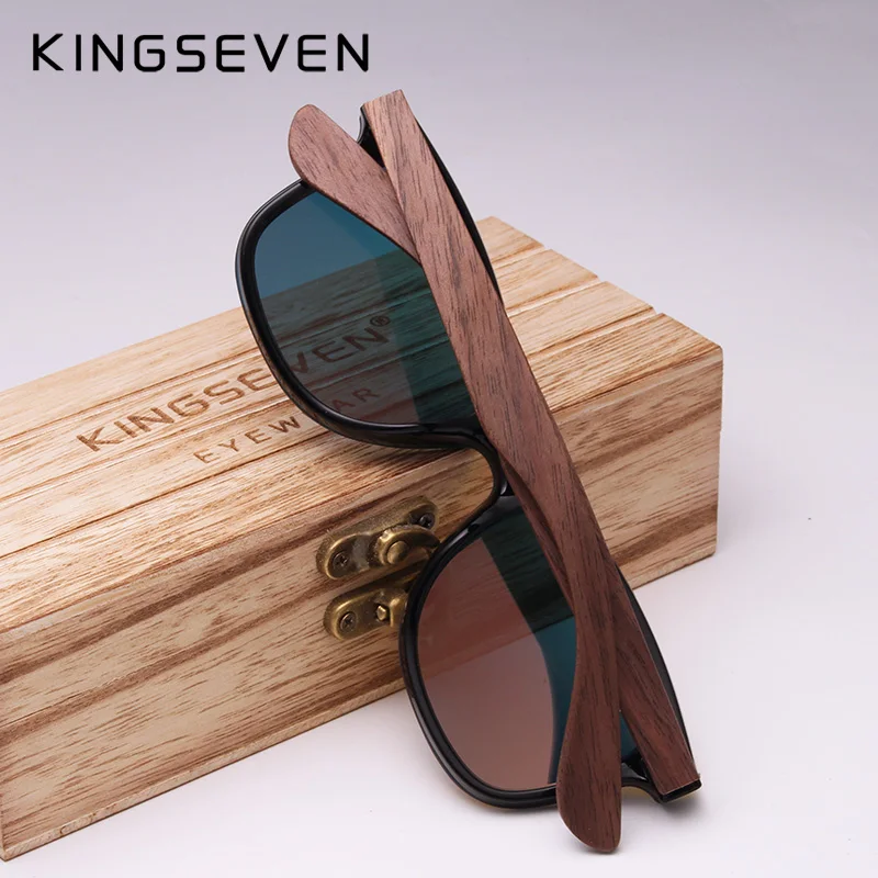 Cheap KINGSEVEN 2019 Handmade Polarized Walnut Wood Sunglasses Fashion Men Women Brand Design Colorful Sun Glasses Mirror Shades